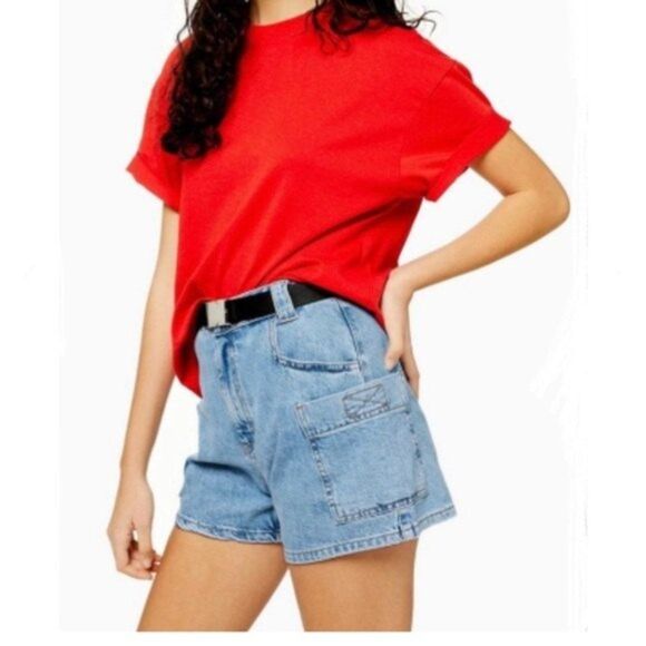 Topshop Women's Size 12 Blue High Waisted Denim Utility Style Shorts - Picture 1 of 10